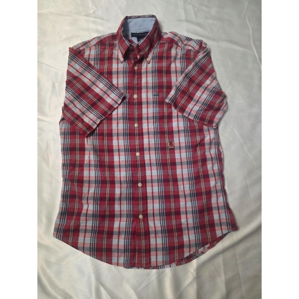 Tommy Hilfiger Mens Small Red Blue Plaid Button Down Shirt Short Sleeve Cotton